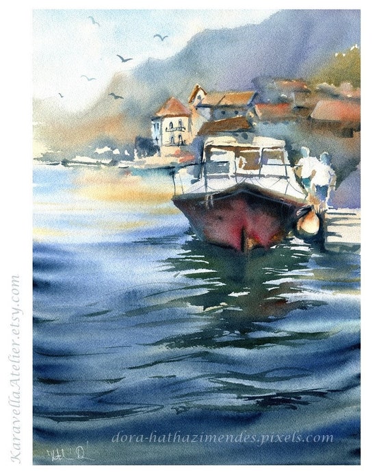 湾の朝：オリジナルの手作りボートの水彩画 - Etsy 日本