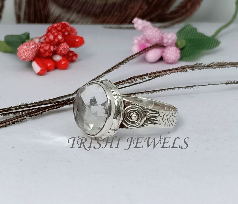 Rock Crystal Ring Sterling Silver Ring Round Crystal Ring Gemstone Ring Handmade Ring Promise Ring Crystal Gemstone Ring Valentine Sale