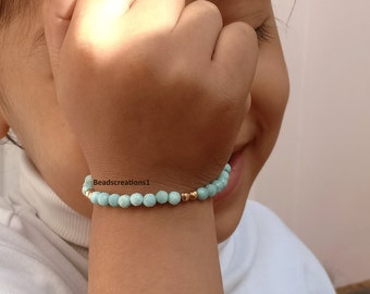 Natuurlijke Larimar kralen armband, sierlijke kralen blauwe steen sieraden, maart Birthstone armband Larimer sieraden, gefacetteerde Kid's kralen armband