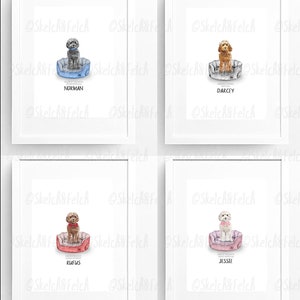 May include: Four white picture frames with illustrations of dogs in beds. Each frame has a dog's name at the bottom: Norman, Darcey, Rufus, and Jessie.