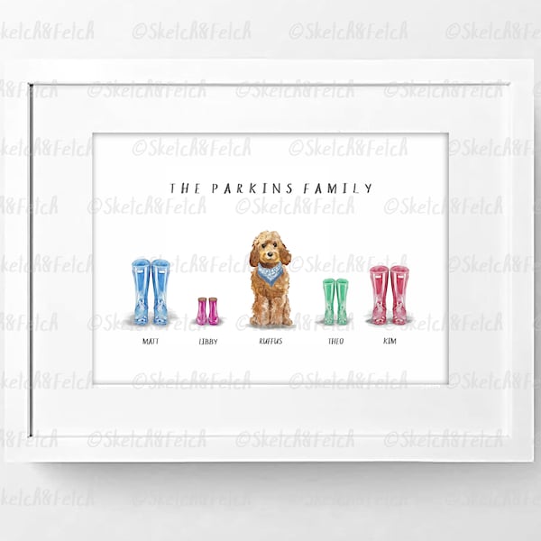 Personalised Family and Dog Print | Custom Art (Over 90 breeds, inc. Cockapoo, Cavapoo, Labrador)