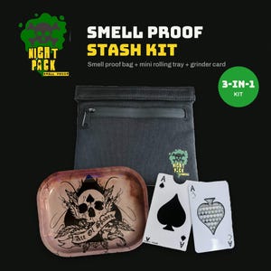 May include: A 3-in-1 smell proof stash kit featuring a black zippered pouch with a green skull logo, a rectangular metal rolling tray with an Ace of Spades skull graphic, and a white metal grinder card with a spade cutout design.