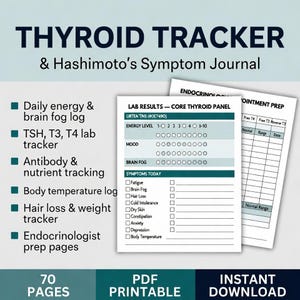 May include: A Thyroid Tracker and Hashimoto's Symptom Journal with 70 pages. The document features sections for daily energy, brain fog, TSH, T3, T4 lab results, antibody tracking, body temperature, hair loss, weight, and endocrinologist prep pages.