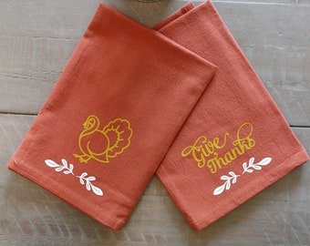 One Set of Four (4) Orange Linen Napkins with Turkey and Give Thanks Expression - Fall Decor - Festive Napkins - Tea Towels - Table Setting