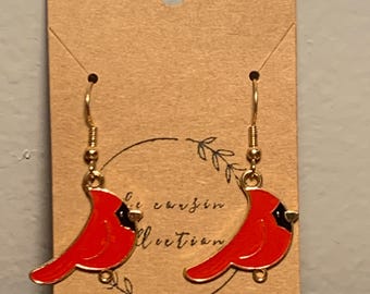 Gold Toned Red Cardinal Bird Earrings, Cardinal Jewelry