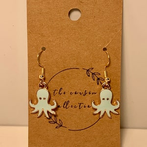 Gold Toned Enamel Blue Octopus Ocean Dangly Dangle Earrings