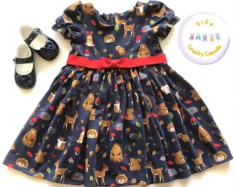 Navy Jersey Woodland Animal Girl's Dress, Baby Dress, Knit Dress, Girl's Short Sleeve Dress, Navy Dress, Autumn Fall Dress, Deer Fox Rabbit