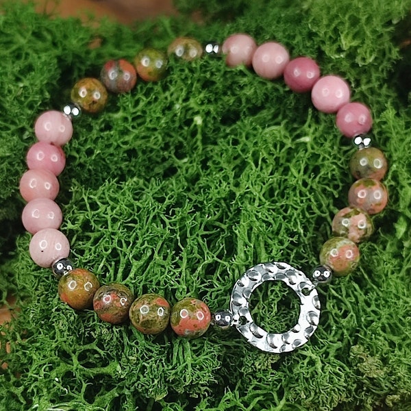 Bracelet Anneau martelé - Rhodonite & Unakite