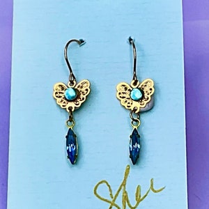Aquamarine Swarovski Crystal and Jeweled Butterfly Golden Filigree Earrings by Sher