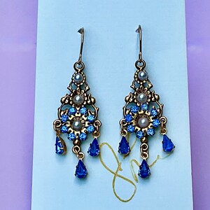 Sapphire Crystal Jeweled Pearl Golden Antiqued Filigree Earring by Sher