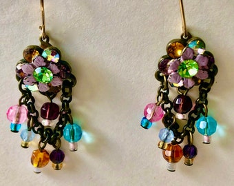 Vintage filigree Crystal and Enamel Flower Bead Earrings. A Repurposed original, One of A Kind