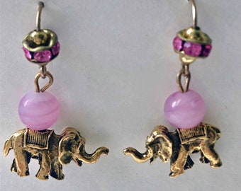 Vintage Pink Elephant and Swarovski Crystal Earrings A Repurposed Original One Of A Kind