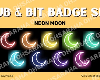 Twitch Sub Badges / Bit Badges / Neon Moon Collection / Neon / Glow / Streamer / Cyberpunk