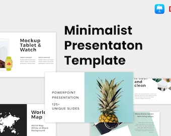 May include: A minimalist presentation template for PowerPoint with 125 unique slides. The template features a pineapple on a blue background, a world map on a black background, and a tablet and watch mockup.