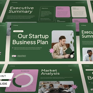 Peut inclure: Une diapositive de présentation verte et blanche avec le texte "Our Startup Business Plan" en grande police gras. La diapositive comprend également une photo d'une personne regardant une tablette.