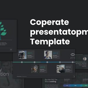 Może przedstawiać: Szablon prezentacji w ciemnoszarym kolorze z tytułem "Coperate presentatopm Template". Szablon zawiera oś czasu z latami od 2011 do 2015, slajd prezentacji firmy z tytułem "Company Presentation" i tekstem "By John Doe, Product Manager" oraz slajd z zielonym drzewem.