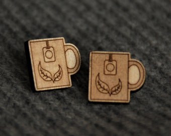 Tea Cup Stud Earrings - Retro Style Coffee Inspired Earrings - Wooden Mug of Tea Earrings - Tea Lovers