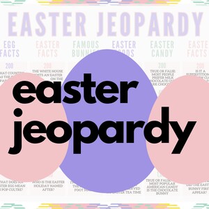 May include: A pink, purple, and white Easter Jeopardy game board with the title "Easter Jeopardy" in black text. The board is divided into six categories: Egg Facts, Easter Facts, Famous Bunnies, Easter Foods, Easter Candy, and Easter Facts 2. Each category has a point value of 200. The game board is decorated with a colorful pattern of stripes and triangles.