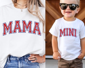 Mama Mini SVG PNG, camisas de mamá me a juego, varsity mama mini, mamá y bebé, camisas familiares, mama mini varsity svg png, camisas de mamá e hijo niño