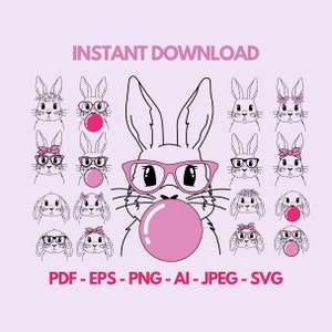 Visage de lapin de Pâques Svg, lunettes de lapin de Pâques, lapin de Pâques, silhouette de lapin, contour de lapin, Pâques pour enfants, lapin bandana, lapin bubble gum