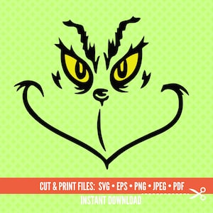 May include: Black and white silhouette of the Grinch's face with yellow eyes. The Grinch is a fictional character from the Dr. Seuss book, How the Grinch Stole Christmas.