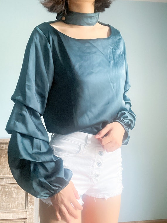 Vintage blouse, dark green blouse with choker, spe