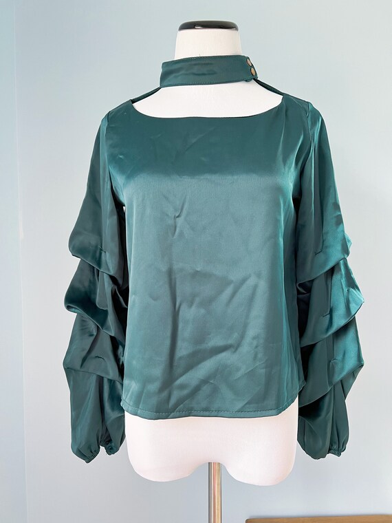 Vintage blouse, dark green blouse with choker, sp… - image 5