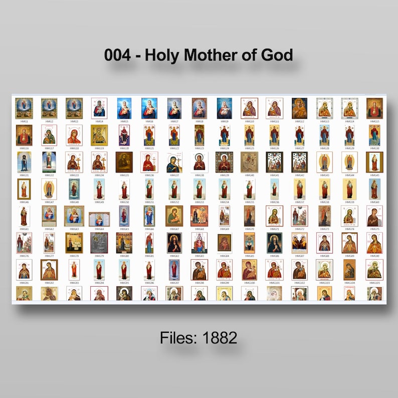 Puede incluir: Una colecci&oacute;n de iconos religiosos, con diversas representaciones de la Santa Madre de Dios. Las im&aacute;genes se muestran en formato de cuadr&iacute;cula, con un borde blanco y el texto "004 - Holy Mother of God" en la parte superior. El texto "Files: 1882" est&aacute; en la parte inferior.