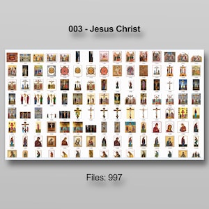 Puede incluir: Una colecci&oacute;n de iconos e im&aacute;genes religiosas, que incluyen representaciones de Jesucristo, cruces y escenas b&iacute;blicas. Las im&aacute;genes est&aacute;n dispuestas sobre un fondo blanco, con el texto "003 - Jesucristo" y "Archivos: 997".