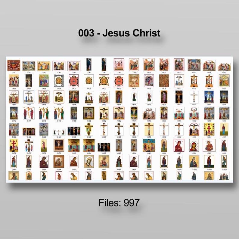 Puede incluir: Una colecci&oacute;n de iconos e im&aacute;genes religiosas, que incluyen representaciones de Jesucristo, cruces y escenas b&iacute;blicas. Las im&aacute;genes est&aacute;n dispuestas sobre un fondo blanco, con el texto "003 - Jesucristo" y "Archivos: 997".