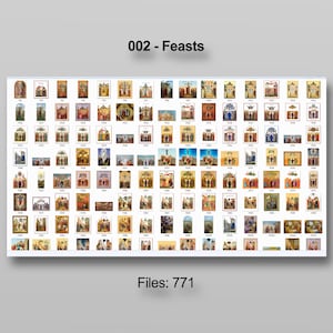 Puede incluir: Una colecci&oacute;n de iconos religiosos, cada uno representando escenas b&iacute;blicas, dispuestos en una cuadr&iacute;cula. La imagen incluye el texto "002 - Feasts" en la parte superior y "Files: 771" en la inferior. Los iconos son de varios colores.