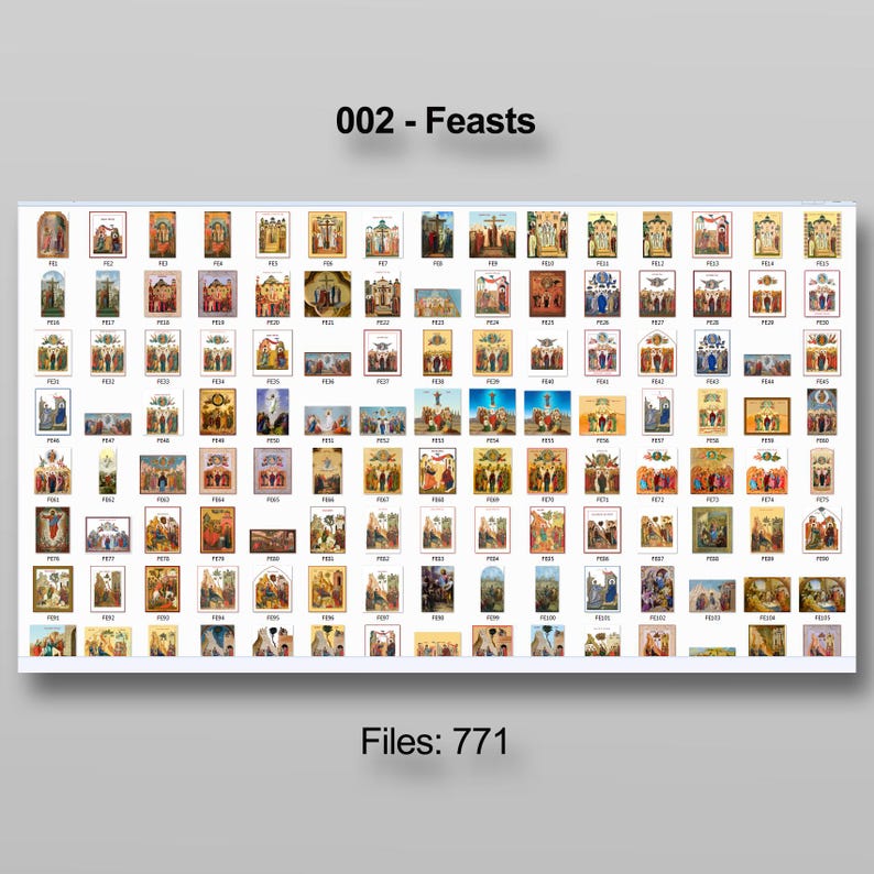 Puede incluir: Una colecci&oacute;n de iconos religiosos, cada uno representando escenas b&iacute;blicas, dispuestos en una cuadr&iacute;cula. La imagen incluye el texto "002 - Feasts" en la parte superior y "Files: 771" en la inferior. Los iconos son de varios colores.