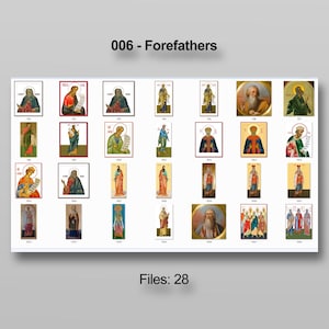 Puede incluir: Una colecci&oacute;n de 28 iconos religiosos enmarcados, cada uno representando figuras en diversas poses y vestimentas. Los iconos presentan una gama de colores, incluyendo oro, rojo, azul y verde. El texto "006 - Forefathers" y "Files: 28" es visible.