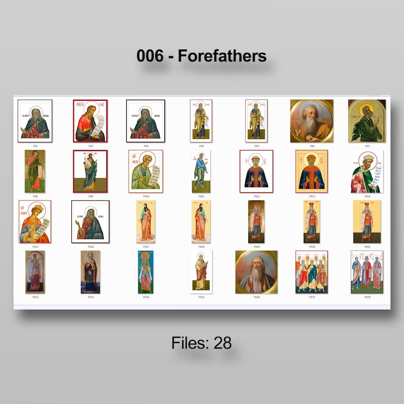 Puede incluir: Una colecci&oacute;n de 28 iconos religiosos enmarcados, cada uno representando figuras en diversas poses y vestimentas. Los iconos presentan una gama de colores, incluyendo oro, rojo, azul y verde. El texto "006 - Forefathers" y "Files: 28" es visible.