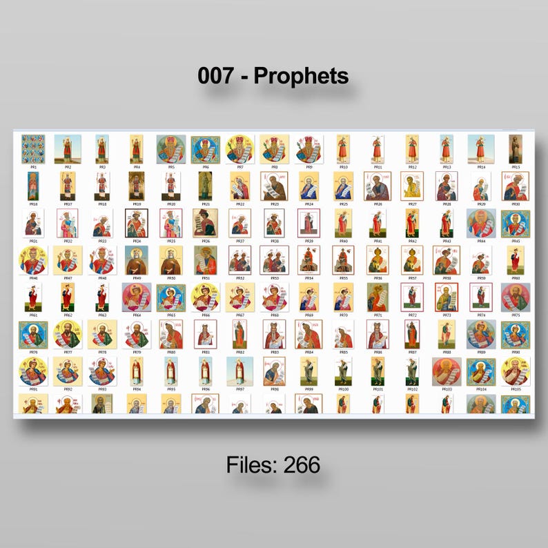 Puede incluir: Una colecci&oacute;n de iconos religiosos que representan profetas, dispuestos en una cuadr&iacute;cula. La imagen est&aacute; etiquetada como "007 - Profetas" y "Archivos: 266". Los iconos son de varios colores y estilos.