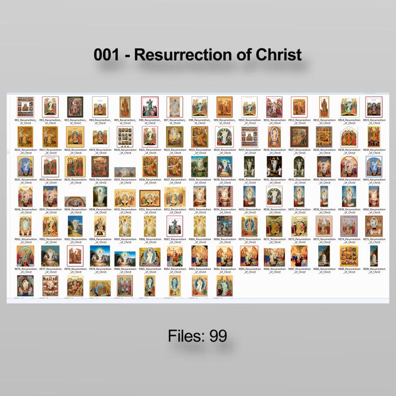 Puede incluir: Una colecci&oacute;n de 99 impresiones de arte religioso, cada una representando escenas relacionadas con la Resurrecci&oacute;n de Cristo. Las impresiones var&iacute;an en estilo y color, con el texto "001 - Resurrecci&oacute;n de Cristo" en la parte superior y "Files: 99" en la inferior.