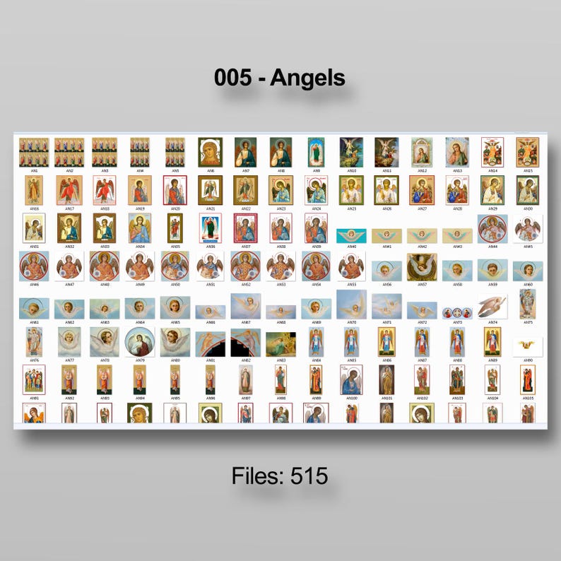 Puede incluir: Una colecci&oacute;n de im&aacute;genes con tem&aacute;tica de &aacute;ngeles, incluyendo iconos e ilustraciones, dispuestas en filas y columnas. El texto "005 - Angels" est&aacute; en la parte superior y "Files: 515" en la inferior. Las im&aacute;genes presentan diversas representaciones de &aacute;ngeles.