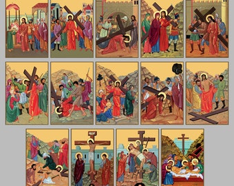 Weg van het kruis van Jezus Christus (set van 14 iconen) download digitaal bestand voor het afdrukken van orthodox icoon.