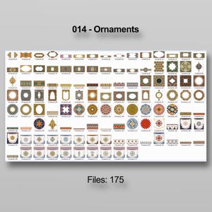 Puede incluir: Una colecci&oacute;n de varios dise&ntilde;os ornamentales, incluyendo marcos, bordes y patrones circulares. La imagen presenta una variedad de colores y detalles intrincados, con el texto "014 - Ornaments" y "Files: 175".