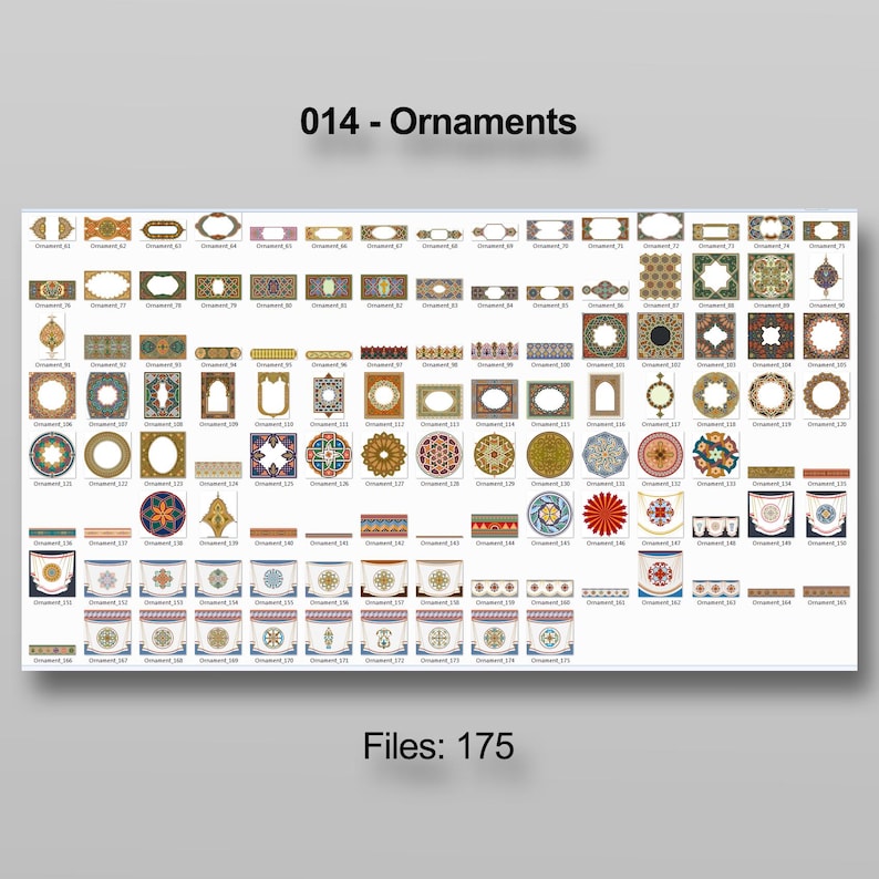 Puede incluir: Una colecci&oacute;n de varios dise&ntilde;os ornamentales, incluyendo marcos, bordes y patrones circulares. La imagen presenta una variedad de colores y detalles intrincados, con el texto "014 - Ornaments" y "Files: 175".