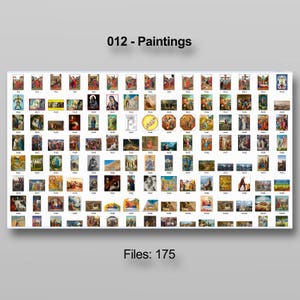 Puede incluir: Una colecci&oacute;n de 175 pinturas, cada una presentada en un formato rectangular peque&ntilde;o. La imagen est&aacute; etiquetada como "012 - Paintings" en la parte superior, con "Files: 175" en la parte inferior. Las pinturas representan diversas escenas religiosas.