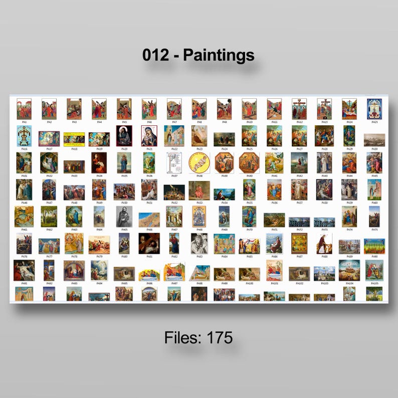 Puede incluir: Una colecci&oacute;n de 175 pinturas, cada una presentada en un formato rectangular peque&ntilde;o. La imagen est&aacute; etiquetada como "012 - Paintings" en la parte superior, con "Files: 175" en la parte inferior. Las pinturas representan diversas escenas religiosas.