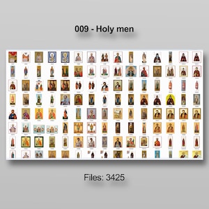 Puede incluir: Una colecci&oacute;n de iconos religiosos enmarcados, que representan a varios santos y figuras sagradas. Las im&aacute;genes se muestran en formato de cuadr&iacute;cula, con el texto "009 - Holy men" en la parte superior y "Files: 3425" en la parte inferior.