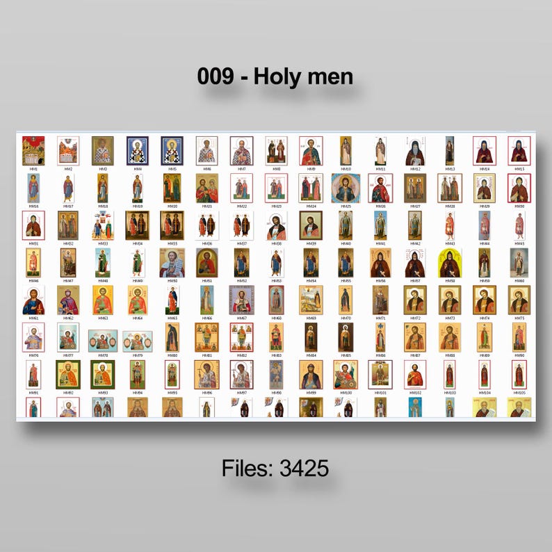 Puede incluir: Una colecci&oacute;n de iconos religiosos enmarcados, que representan a varios santos y figuras sagradas. Las im&aacute;genes se muestran en formato de cuadr&iacute;cula, con el texto "009 - Holy men" en la parte superior y "Files: 3425" en la parte inferior.