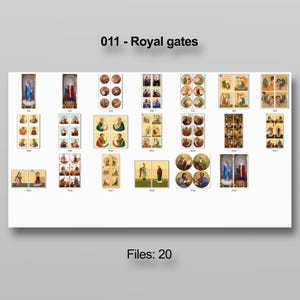 Puede incluir: Una colecci&oacute;n de 20 impresiones de arte religioso, que presentan diversas representaciones de figuras y escenas religiosas. Las impresiones tienen varias formas, incluyendo rectangulares y circulares, con bordes dorados e ilustraciones detalladas. El t&iacute;tulo "011 - Royal gates" se muestra en la parte superior.