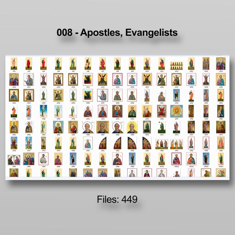 Puede incluir: Una colecci&oacute;n de iconos religiosos que representan a ap&oacute;stoles y evangelistas. Las im&aacute;genes se muestran sobre un fondo blanco, con el t&iacute;tulo "008 - Apostles, Evangelists" y el texto "Files: 449" en la parte superior e inferior.