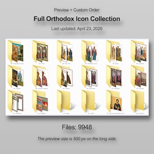Può includere: Una collezione di icone ortodosse digitali, visualizzate in cartelle gialle aperte. L'immagine include il testo "Full Orthodox Icon Collection" e "Last updated: April 23, 2026." L'anteprima è di 500 px sul lato lungo.