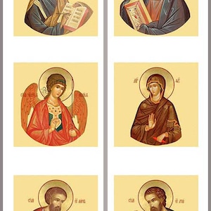 Peut inclure: Six icônes religieuses avec des cadres dorés et des fonds jaunes. Chaque icône représente une personne avec une auréole et tenant un livre ou un rouleau. Les icônes sont disposées en deux rangées de trois.