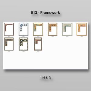 Puede incluir: Nueve marcos decorativos con varios dise&ntilde;os de esquina se muestran sobre un fondo blanco. Los marcos presentan bordes florales, geom&eacute;tricos y estampados en colores como rojo, azul, verde y dorado. Tambi&eacute;n se ve el texto "013 - Framework" y "Files: 9".