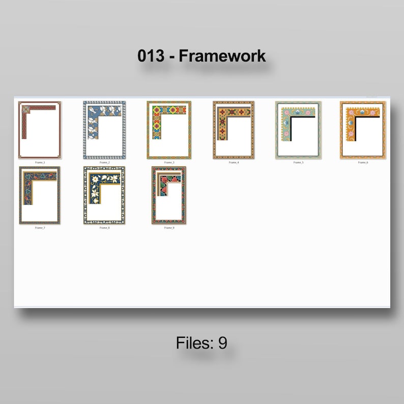 Puede incluir: Nueve marcos decorativos con varios dise&ntilde;os de esquina se muestran sobre un fondo blanco. Los marcos presentan bordes florales, geom&eacute;tricos y estampados en colores como rojo, azul, verde y dorado. Tambi&eacute;n se ve el texto "013 - Framework" y "Files: 9".